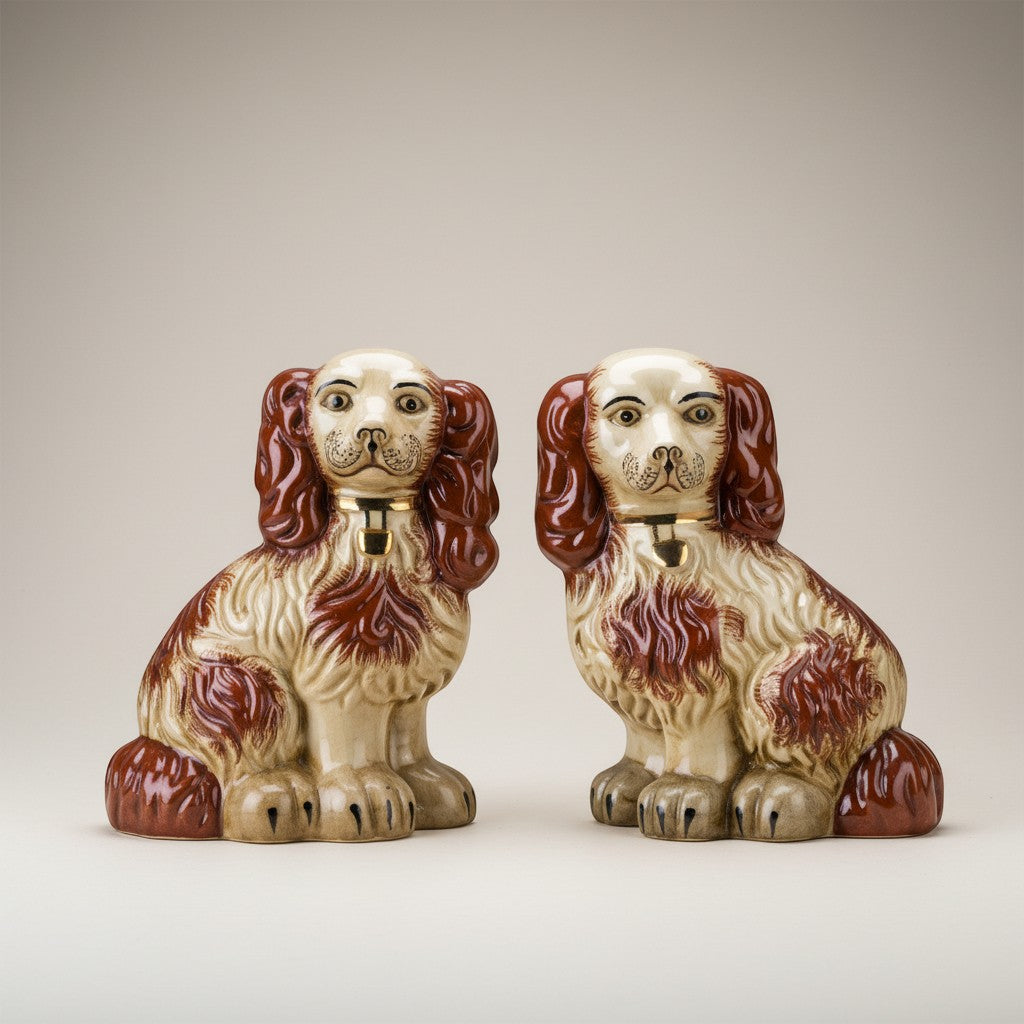 The Merry Hare pair of rust orange Staffordshire dog figurines with gold locket detailing, 12" high.