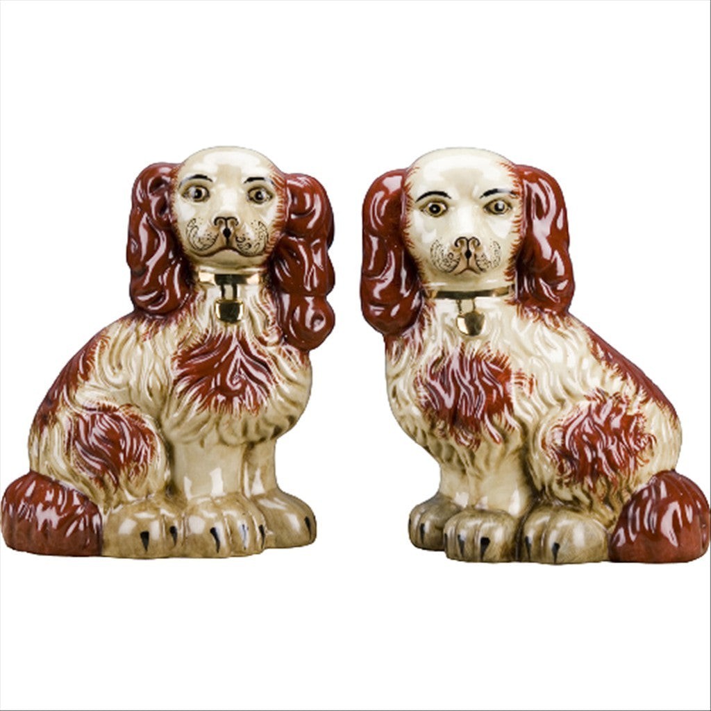 The Merry Hare pair of 12" rust orange Staffordshire dog figurines with gold locket detailing.