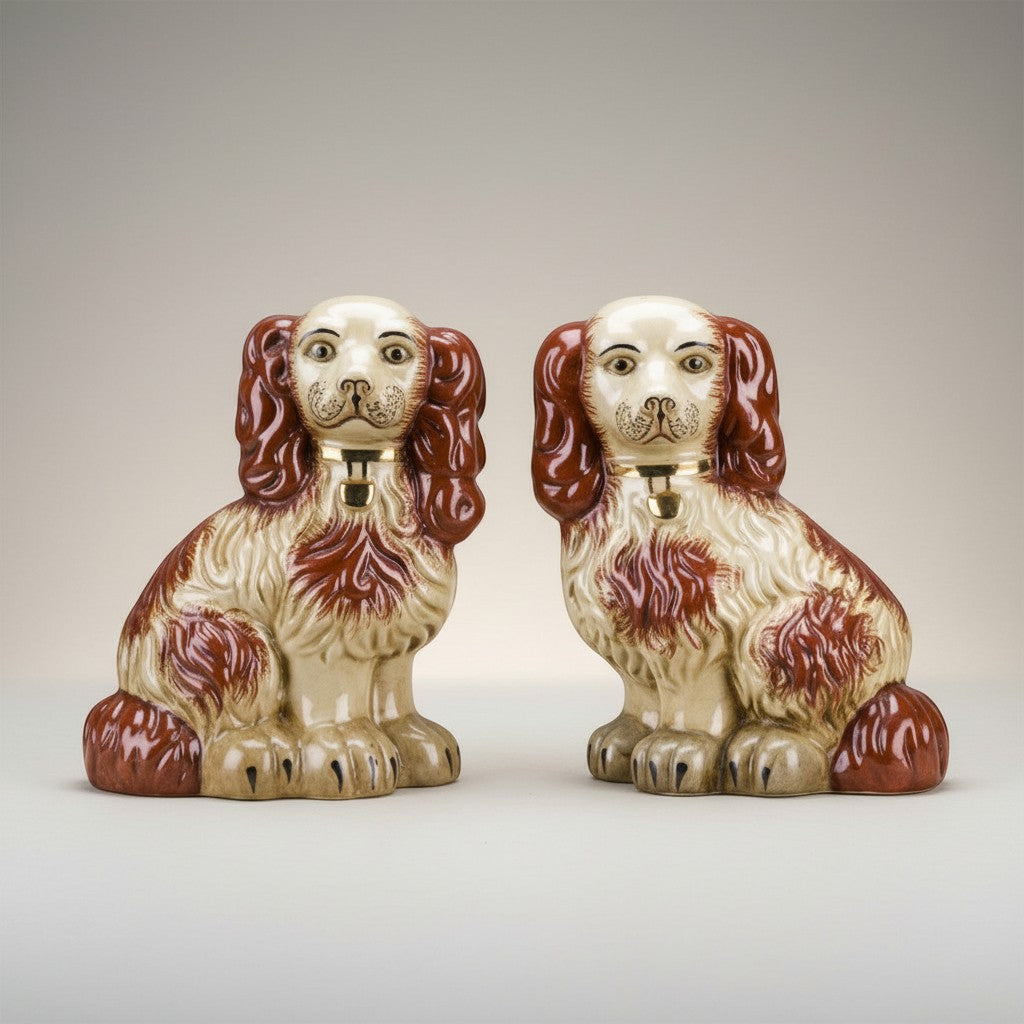 The Merry Hare pair of rust orange Staffordshire dog figurines with gold locket detailing. Ceramic, 12" high.