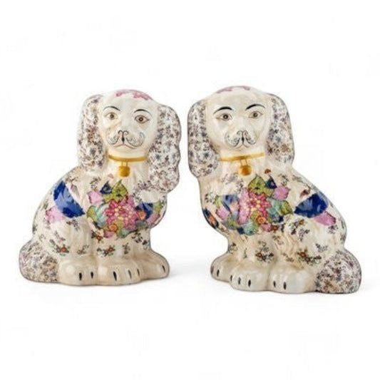The Merry Hare pair of large Staffordshire dog figurines with tobacco leaf floral pattern, gold lockets, and blue accents.