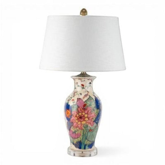 The Merry Hare 29" tobacco leaf chinoiserie porcelain vase lamp with acrylic base and off-white shade.