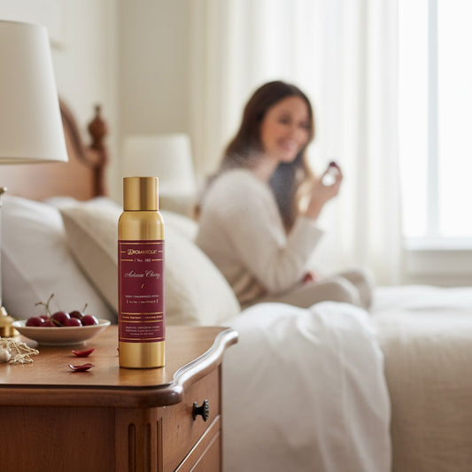 The Merry Hare Aromatique Autumn Cherry No. 108 room spray, 5 oz. Features notes of cherry, apple, cinnamon, vanilla, musk, and amber.