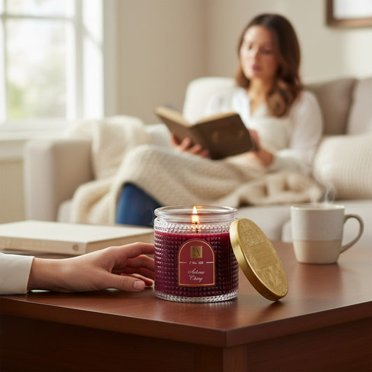 The Merry Hare Autumn Cherry No. 108 candle in textured glass with a gold lid. Burgundy wax, 6 oz.