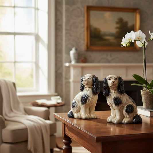 The Merry Hare pair of large black and gold Staffordshire Chinoiserie dog figurines with gold collars.