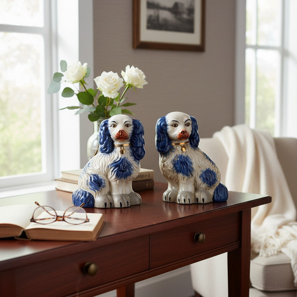 The Merry Hare pair of large blue and white ceramic Staffordshire dog figurines with gold lockets and detailing.