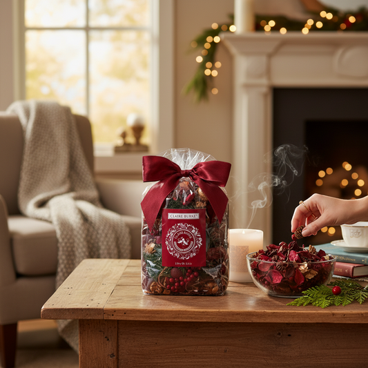 The Merry Hare Claire Burke Christmas Memories potpourri bag with cinnamon, cloves, brown sugar, and botanical accents. Tied with a burgundy ribbon.