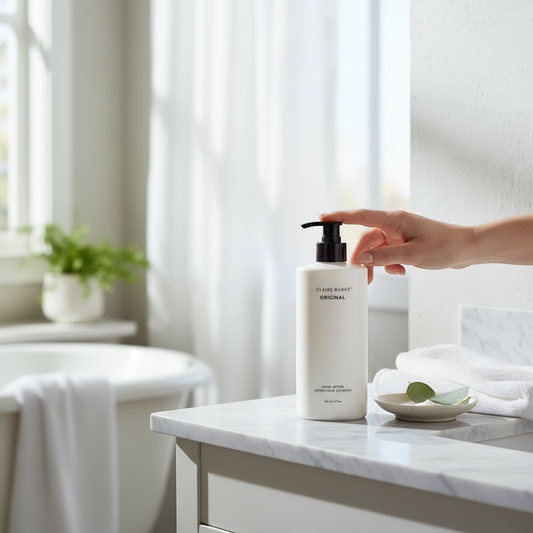 The Merry Hare Claire Burke Original Hand Lotion, 16 oz, with black pump dispenser. Notes of rose, lavender, spice, patchouli, vetiver.