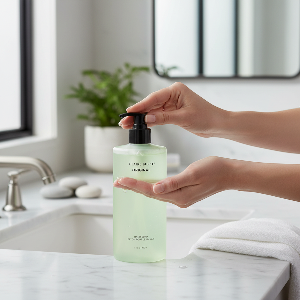 The Merry Hare Claire Burke Original Hand Soap, 16 oz, light green matte bottle with black pump. Spicy floral scent.