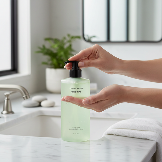 The Merry Hare Claire Burke Original Hand Soap, 16 oz, light green matte bottle with black pump. Spicy floral scent.