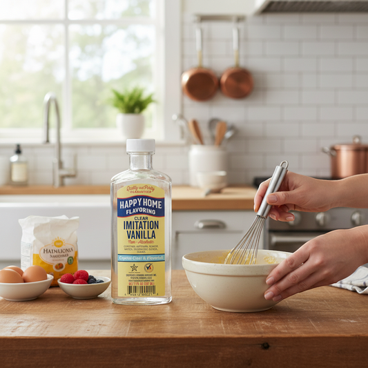 The Merry Hare Happy Home clear imitation vanilla flavoring, 7 oz bottle. Non-alcoholic and gluten-free.