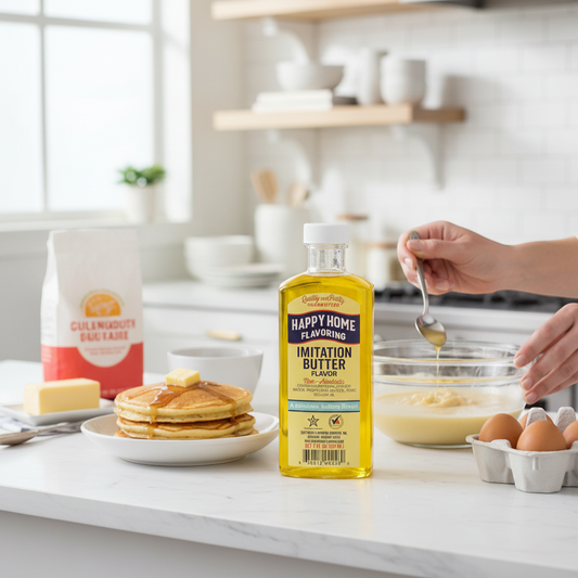 The Merry Hare Happy Home Imitation Butter Flavoring, 7 oz bottle. Non-alcoholic, gluten-free liquid flavoring.