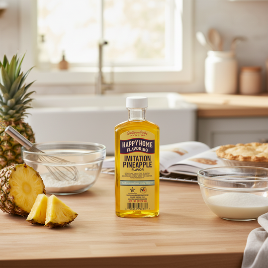 The Merry Hare Happy Home Imitation Pineapple Flavoring, 7 oz bottle. Gluten-free liquid flavoring for baking and glazes.