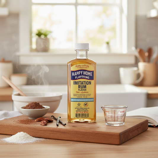 The Merry Hare Happy Home Imitation Rum Flavoring, 7 oz bottle. Non-alcoholic, gluten-free liquid flavoring with a caramel color.