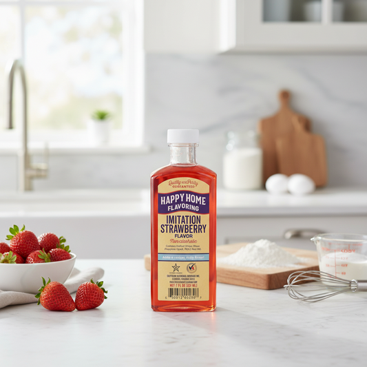 The Merry Hare Happy Home Imitation Strawberry Flavoring, 7 oz bottle. Non-alcoholic liquid with a bright red-orange hue.
