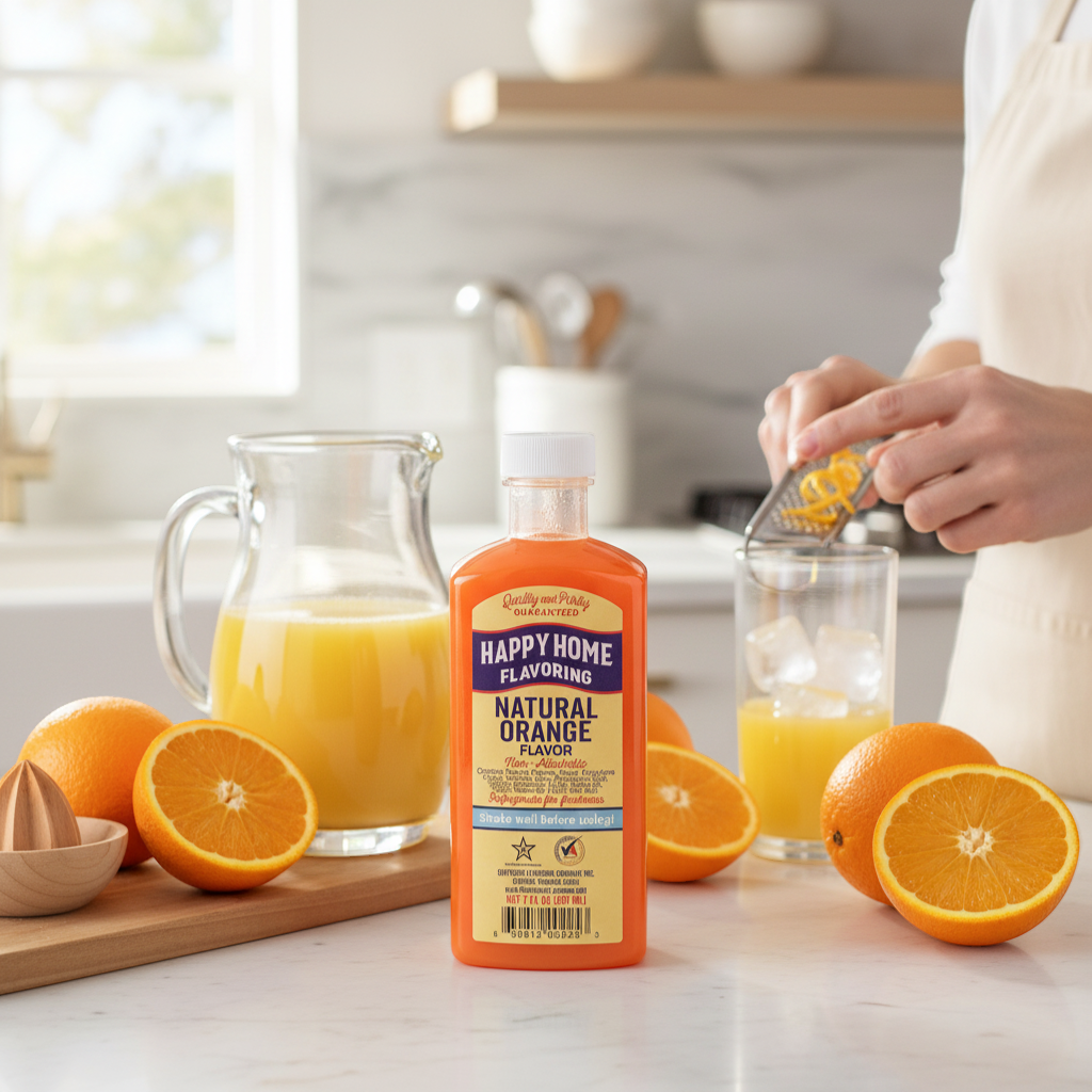 The Merry Hare Happy Home Natural Orange Flavoring, 7 oz bottle. Gluten-free, non-alcoholic liquid flavoring for baking and desserts.