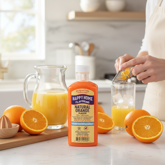 The Merry Hare Happy Home Natural Orange Flavoring, 7 oz bottle. Gluten-free, non-alcoholic liquid flavoring for baking and desserts.