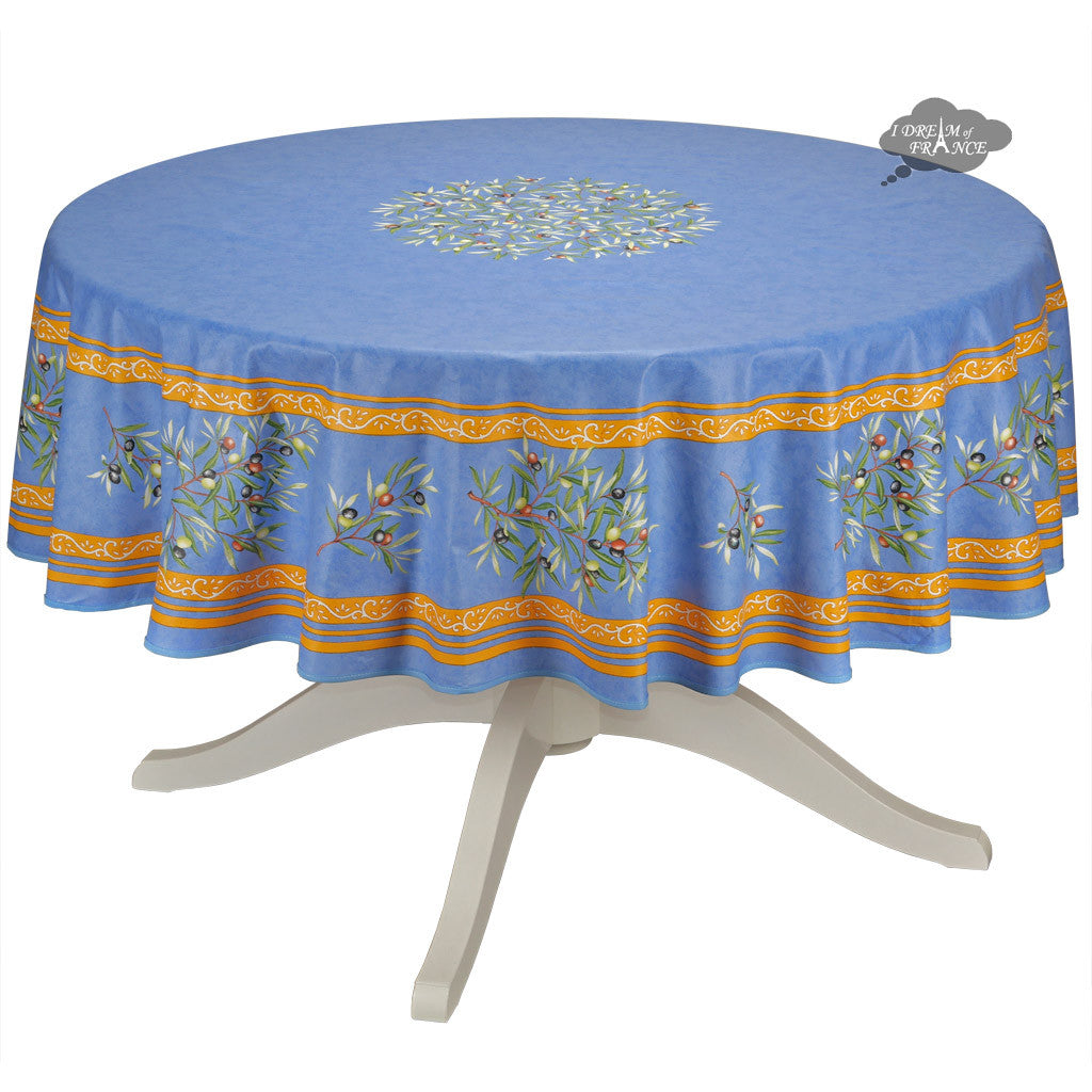 French Provencal tablecloth - Cotton, natural or acrylic-coated - 70" round - Clos des Oliviers blue | Label France