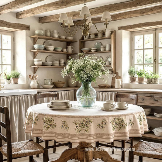 French Provencal tablecloth - Cotton, natural or acrylic-coated - 70" round - Clos des Oliviers cream | Label France