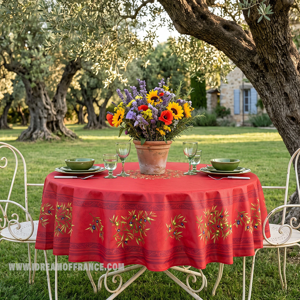 French Provencal tablecloth - Cotton, natural or acrylic-coated - 70" round - Clos des Oliviers red | Label France
