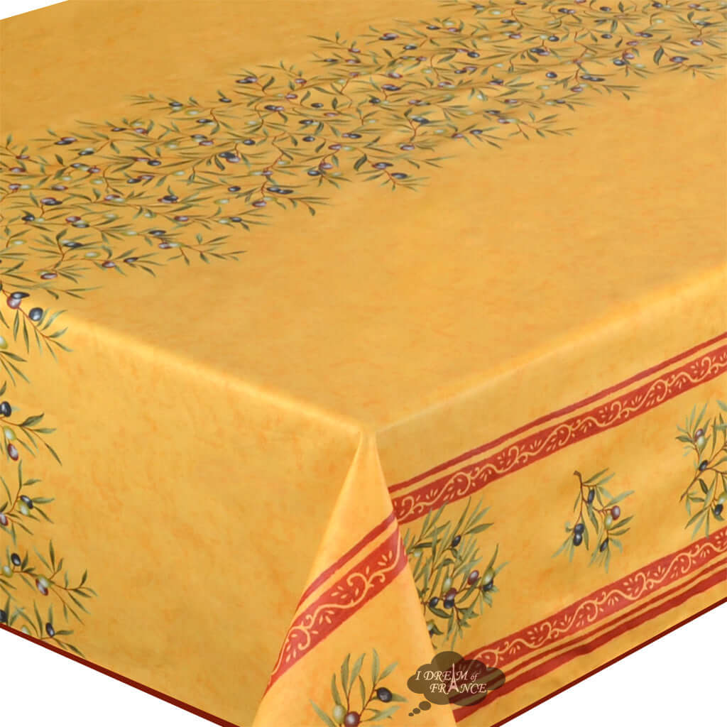 60" Square Clos des Oliviers Yellow Double Border Acrylic-Coated Cotton Tablecloth by Label France