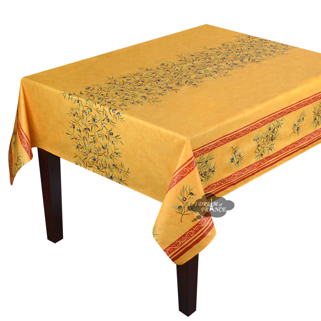 60" Square Clos des Oliviers Yellow Double Border Acrylic-Coated Cotton Tablecloth by Label France