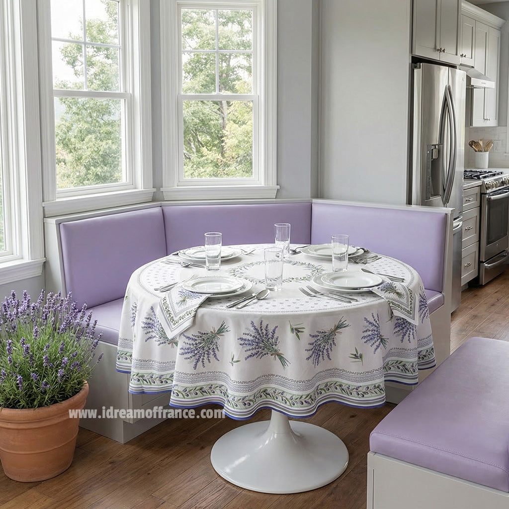 French Provencal tablecloth - Acrylic coated cotton, Spill-proof - 70" round - Lauris natural | Tissus Toselli