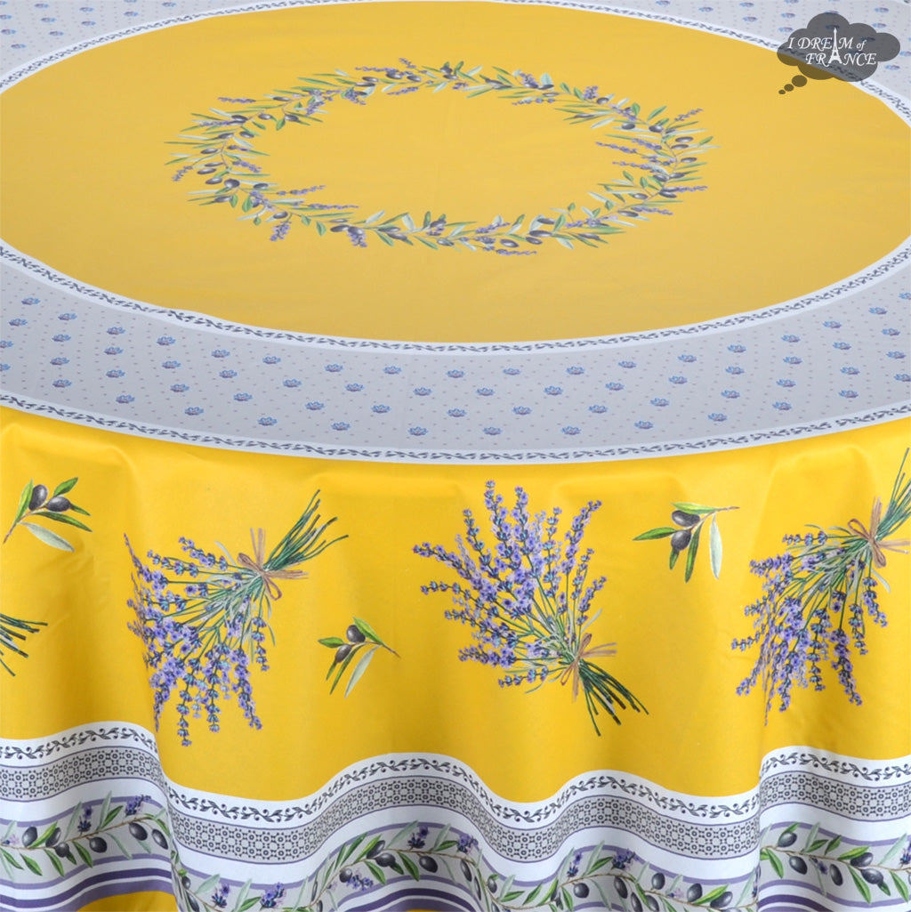 French Provencal tablecloth - Acrylic coated cotton, Spill-proof - 70" round - Lauris yellow | Tissus Toselli