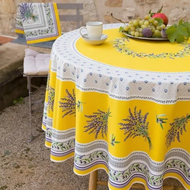 French Provencal tablecloth - Acrylic coated cotton, Spill-proof - 70" round - Lauris yellow | Tissus Toselli