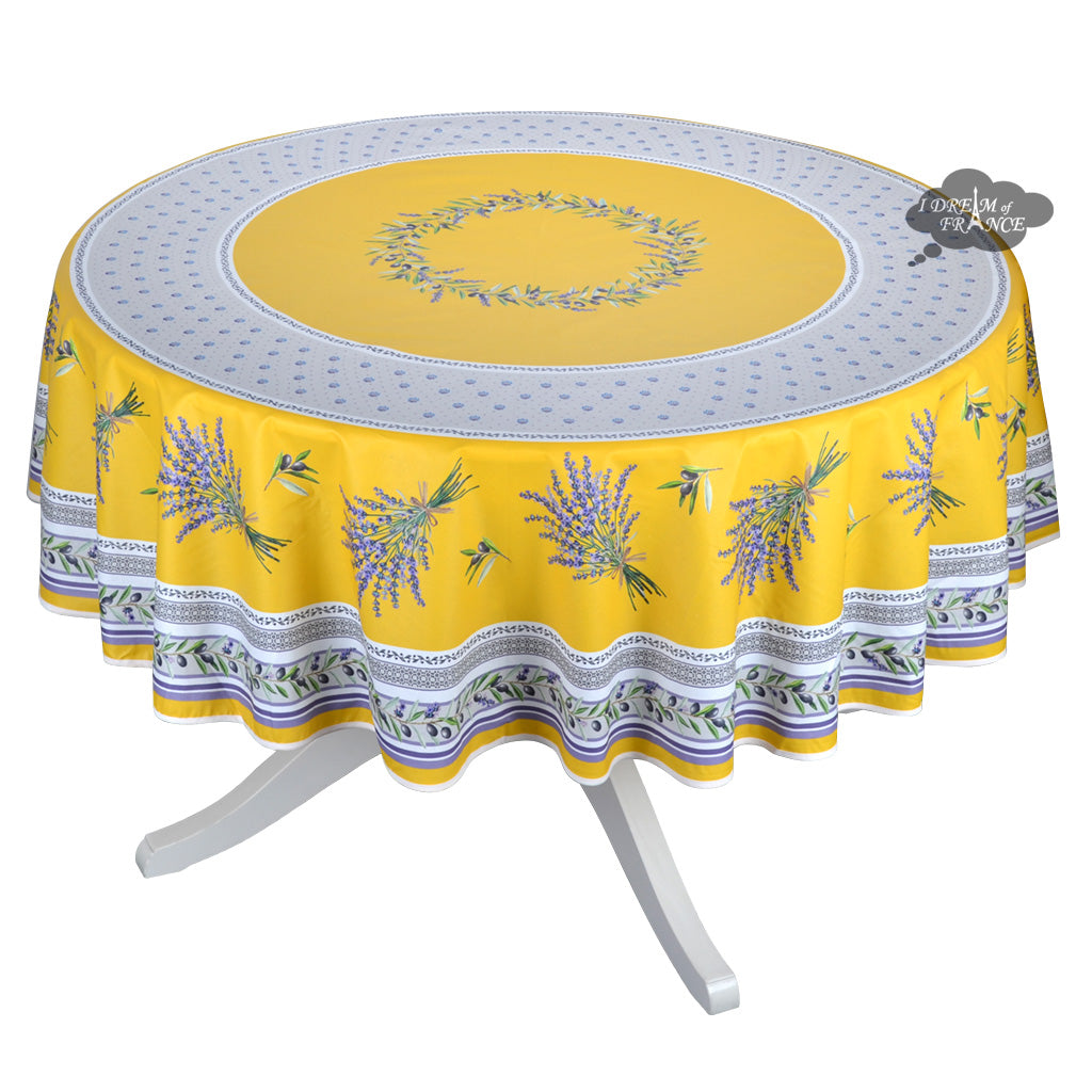 French Provencal tablecloth - Acrylic coated cotton, Spill-proof - 70" round - Lauris yellow | Tissus Toselli