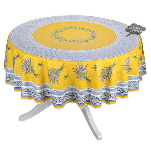 French Provencal tablecloth - Acrylic coated cotton, Spill-proof - 70" round - Lauris yellow | Tissus Toselli