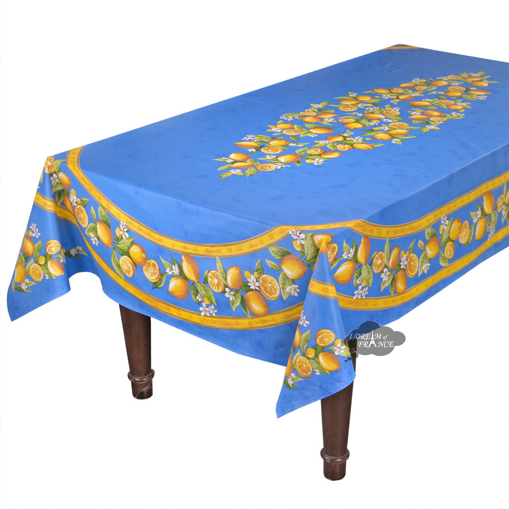 French Provencal tablecloth - Acrylic coated cotton, Spill-proof - 60x96" Rectangular - Lemons blue | Tissus Toselli