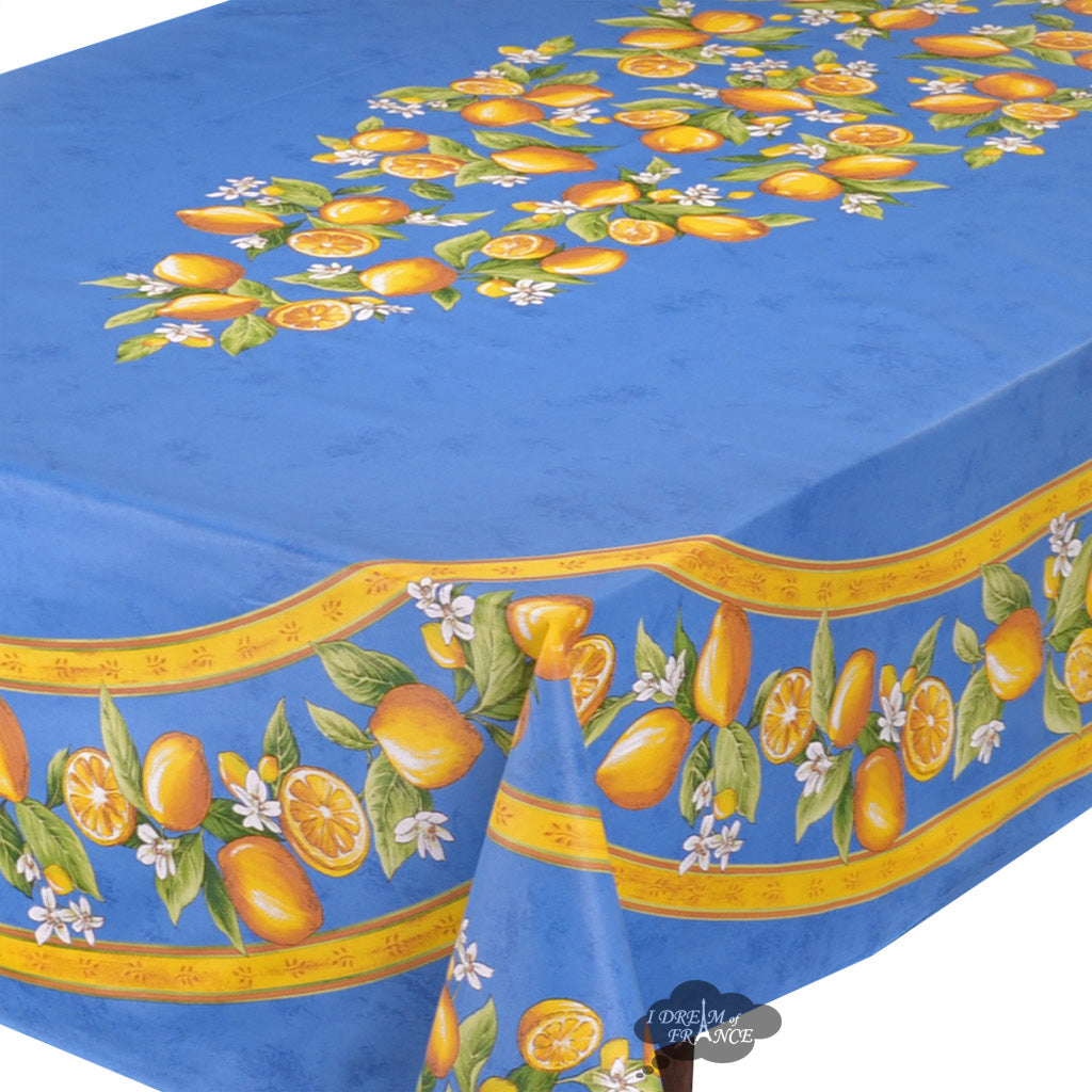 French Provencal tablecloth - Acrylic coated cotton, Spill-proof - 60x96" Rectangular - Lemons blue | Tissus Toselli