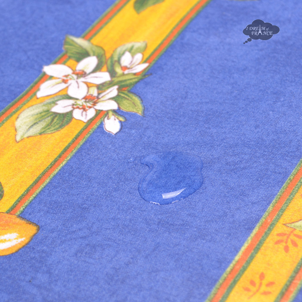 French Provencal tablecloth - Acrylic coated cotton, Spill-proof - 58" square - Lemons blue | Tissus Toselli