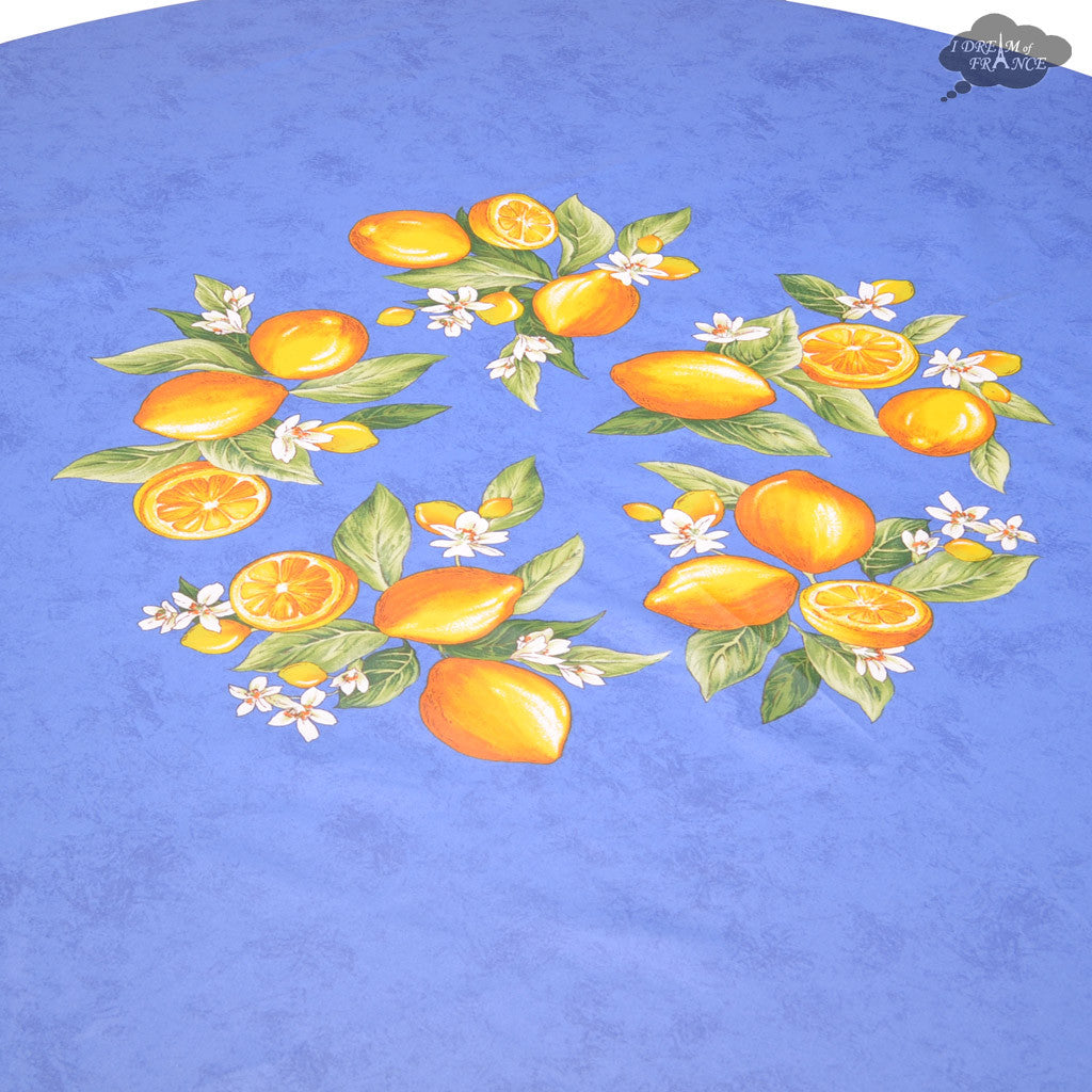 French Provencal tablecloth - Cotton, natural or acrylic-coated - 70" round - Lemon blue| Tissus Toselli