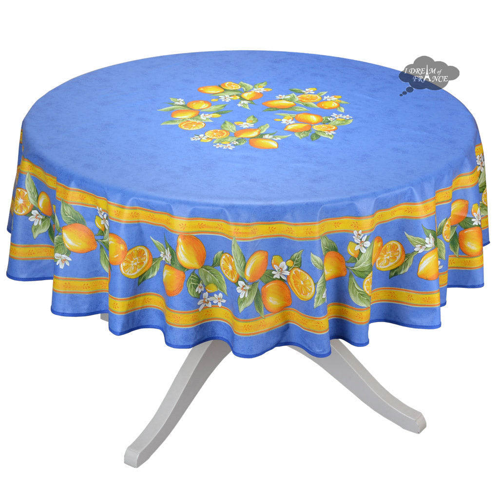 French Provencal tablecloth - Cotton, natural or acrylic-coated - 70" round - Lemon blue| Tissus Toselli