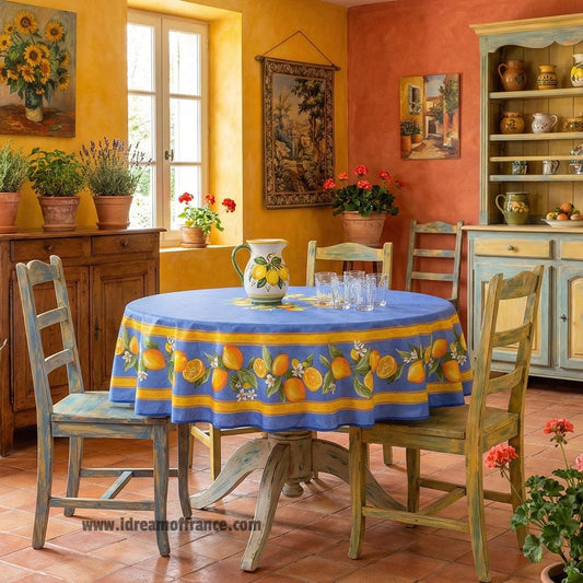 French Provencal tablecloth - Cotton, natural or acrylic-coated - 70" round - Lemon blue| Tissus Toselli