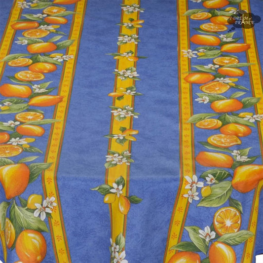 French Provencal tablecloth - Cotton, natural or acrylic-coated - 58" round - Lemon blue | Tissus Toselli