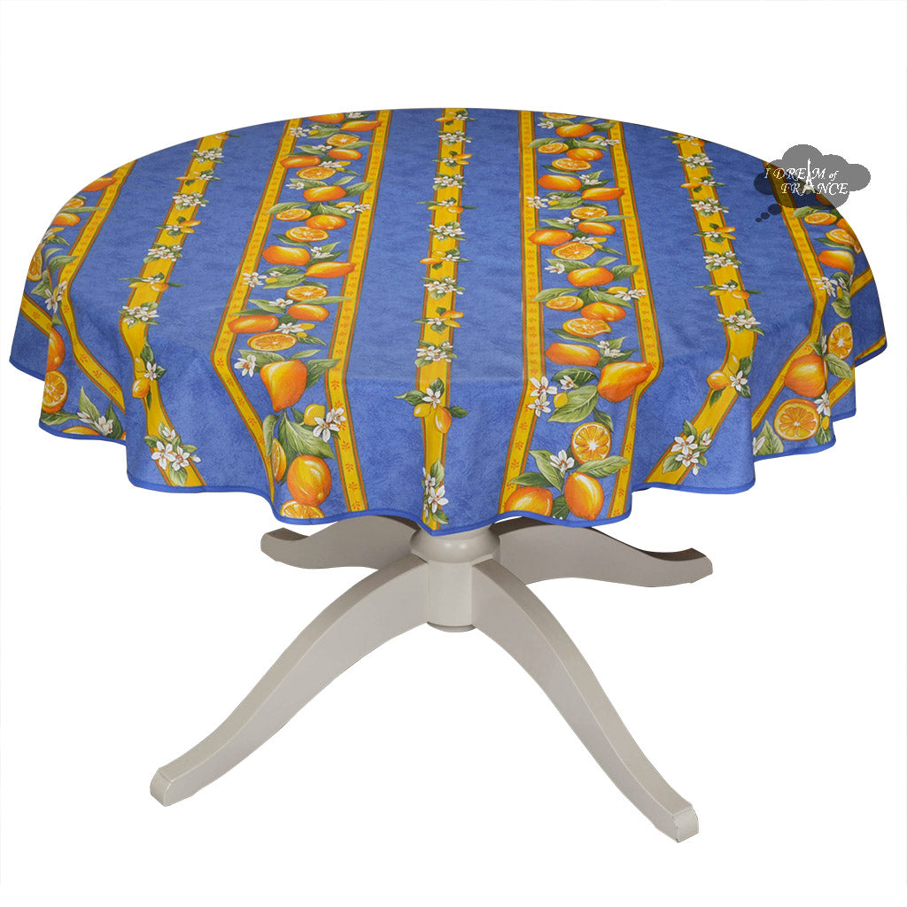French Provencal tablecloth - Cotton, natural or acrylic-coated - 58" round - Lemon blue | Tissus Toselli
