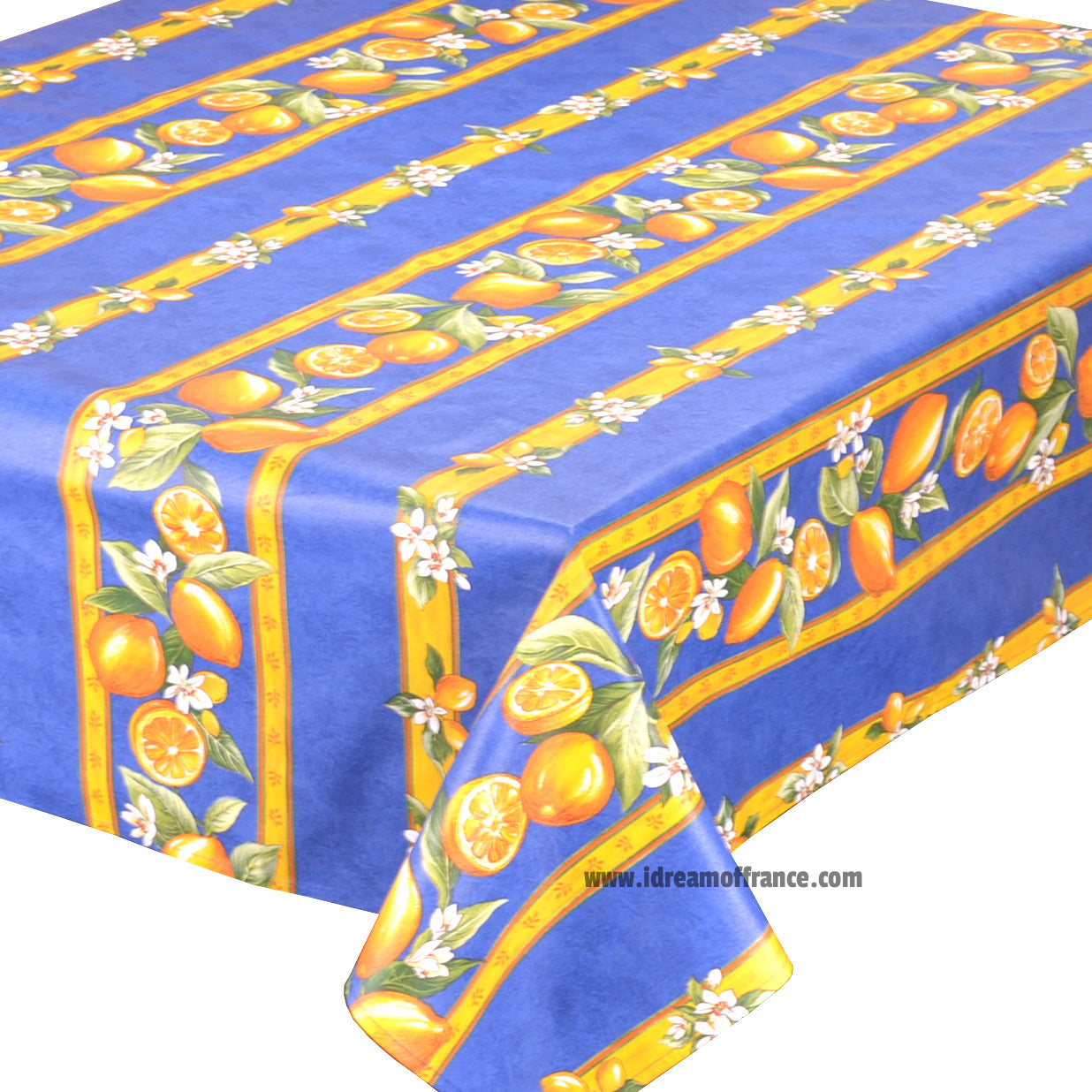 French Provencal tablecloth - Acrylic coated cotton, Spill-proof - 58" square - Lemons blue | Tissus Toselli