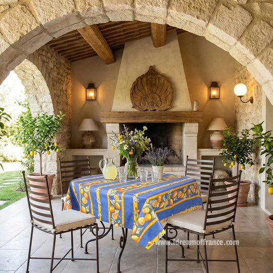 French Provencal tablecloth - Acrylic coated cotton, Spill-proof - 58" square - Lemons blue | Tissus Toselli