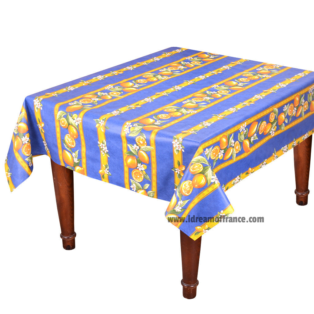 French Provencal tablecloth - Acrylic coated cotton, Spill-proof - 58" square - Lemons blue | Tissus Toselli