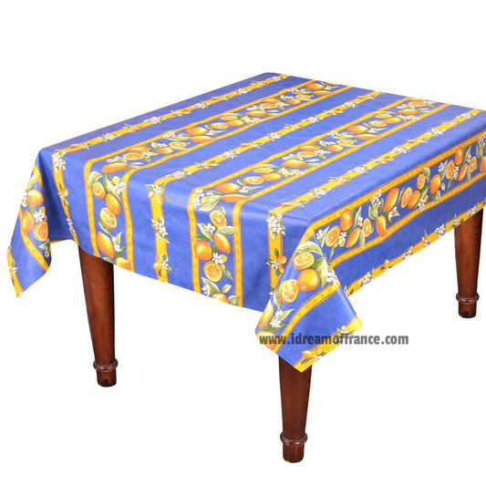 French Provencal tablecloth - Acrylic coated cotton, Spill-proof - 58" square - Lemons blue | Tissus Toselli