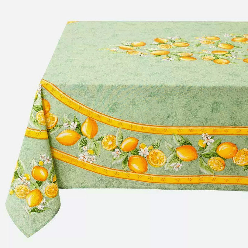 French Provencal tablecloth - Acrylic coated cotton, Spill-proof - 60x96" Rectangular - Lemons green | Tissus Toselli