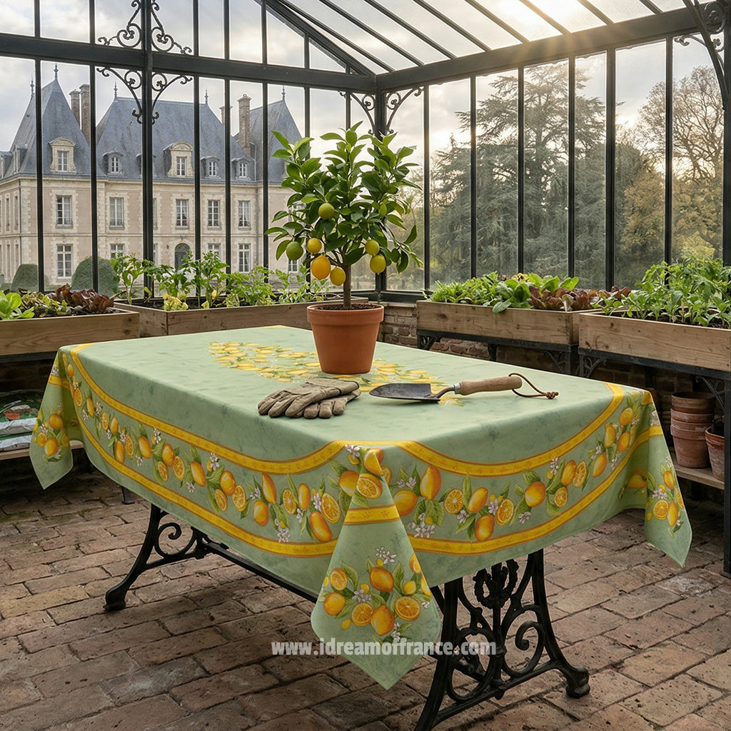 French Provencal tablecloth - Acrylic coated cotton, Spill-proof - 60x96" Rectangular - Lemons green | Tissus Toselli