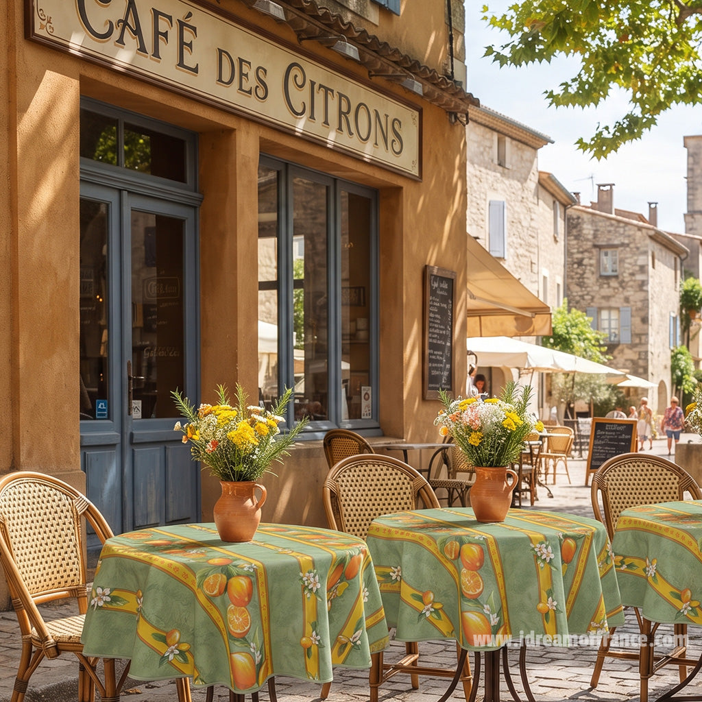 French Provencal tablecloth - Cotton, natural or acrylic-coated - 58" round - Lemon green | Tissus Toselli