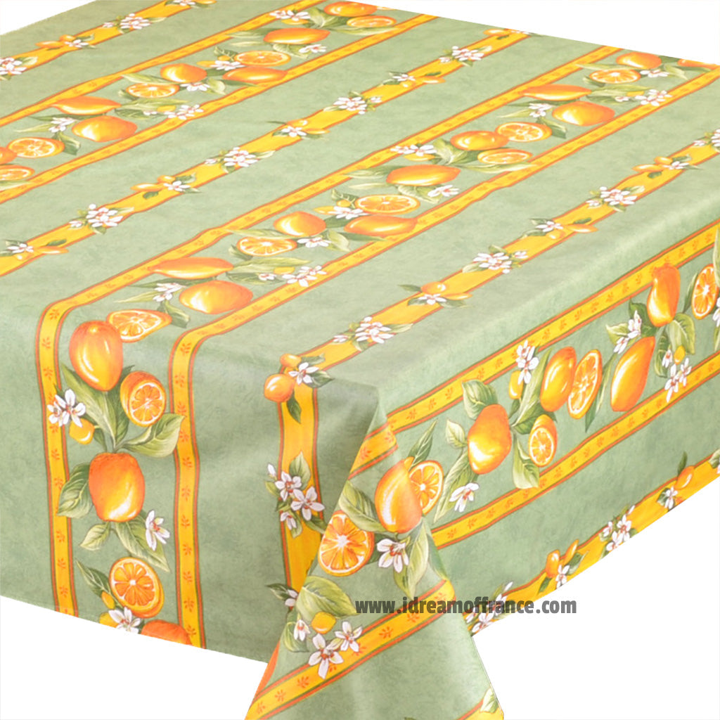 French Provencal tablecloth - Acrylic coated cotton, Spill-proof - 58" square - Lemons green | Tissus Toselli