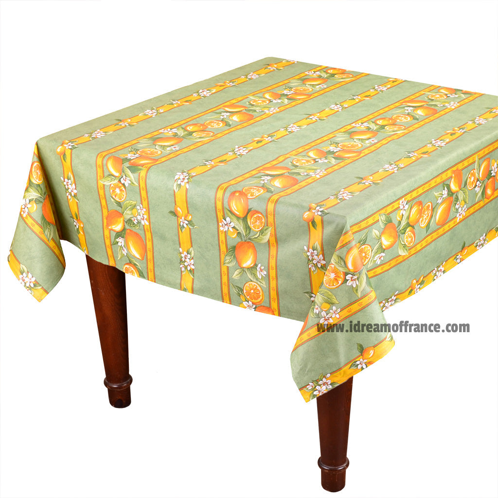 French Provencal tablecloth - Acrylic coated cotton, Spill-proof - 58" square - Lemons green | Tissus Toselli