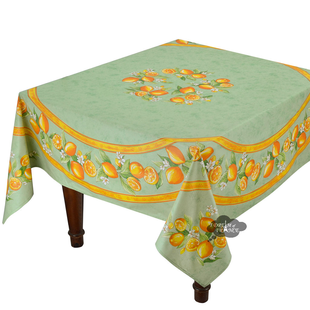 French Provencal tablecloth - Acrylic coated cotton, Spill-proof - 70" square - Lemons green | Tissus Toselli