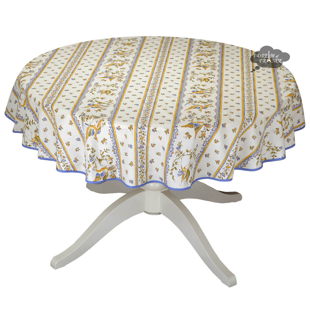 French Provencal tablecloth - Acrylic coated cotton, Spill-proof - 58" round - Moustiers blue | Tissus Toselli