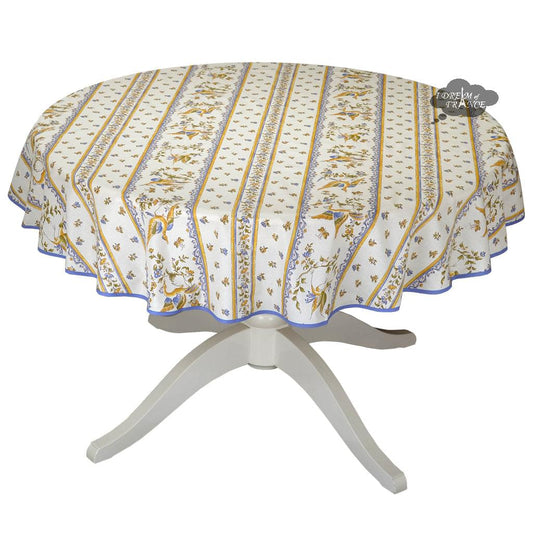 French Provencal tablecloth - Acrylic coated cotton, Spill-proof - 58" round - Moustiers blue | Tissus Toselli